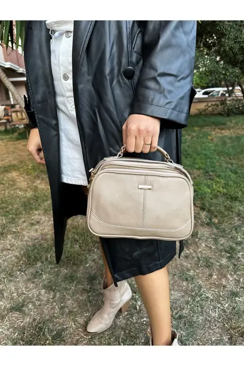 Kadın Ekru El Kol 3 Fermuarlı 3 bölmeli Omuz Çantası Kaliteli İşçilik Şık Tasarım