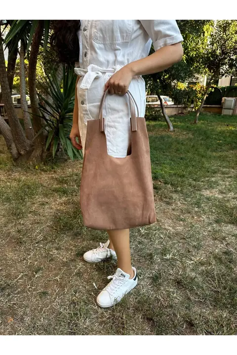 Kadın Vizon Süet Çıtçıtlı Cüzdanlı Makyaj Çantalı El Kol ve Omuz Çantası