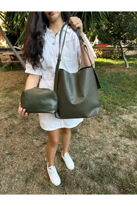 Kadın Kahve Çift Taraflı Süet-Cilt Çıtçıtlı Cüzdanlı Makyaj Çantalı El Kol ve Omuz Çantası