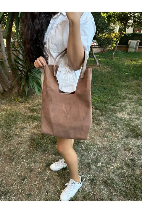 Kadın Vizon Süet Çıtçıtlı Cüzdanlı Makyaj Çantalı El Kol ve Omuz Çantası